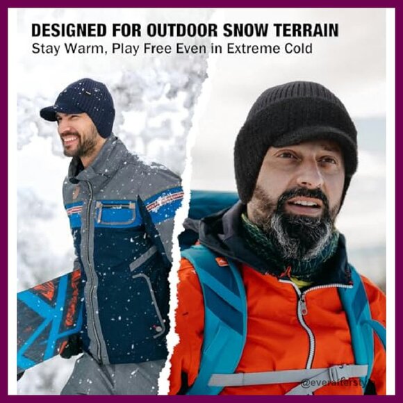 Fleece Lined Winter Beanie with Brim and Ear Flaps Unisex Warm Knit Hat